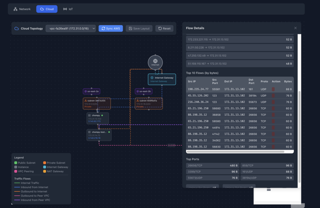 Visual showing AWS VPC flow log drill-down in a topology view